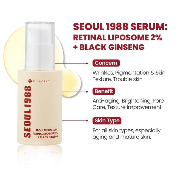 K-SECRET SEOUL 1988 Retinal Serum – 2% Advanced Retinal Liposome & 58% Black Ginseng Extract | Fine Lines & Skin Texture Refining Korean Skincare Serum - alternate view